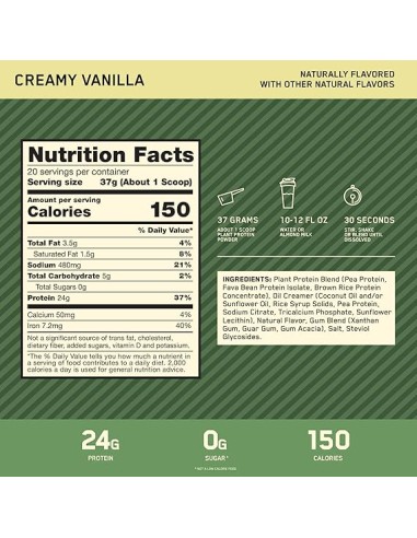 Optimum Nutrition Vainilla Sample 100% Plant Protein Gold Standard 1 Servida