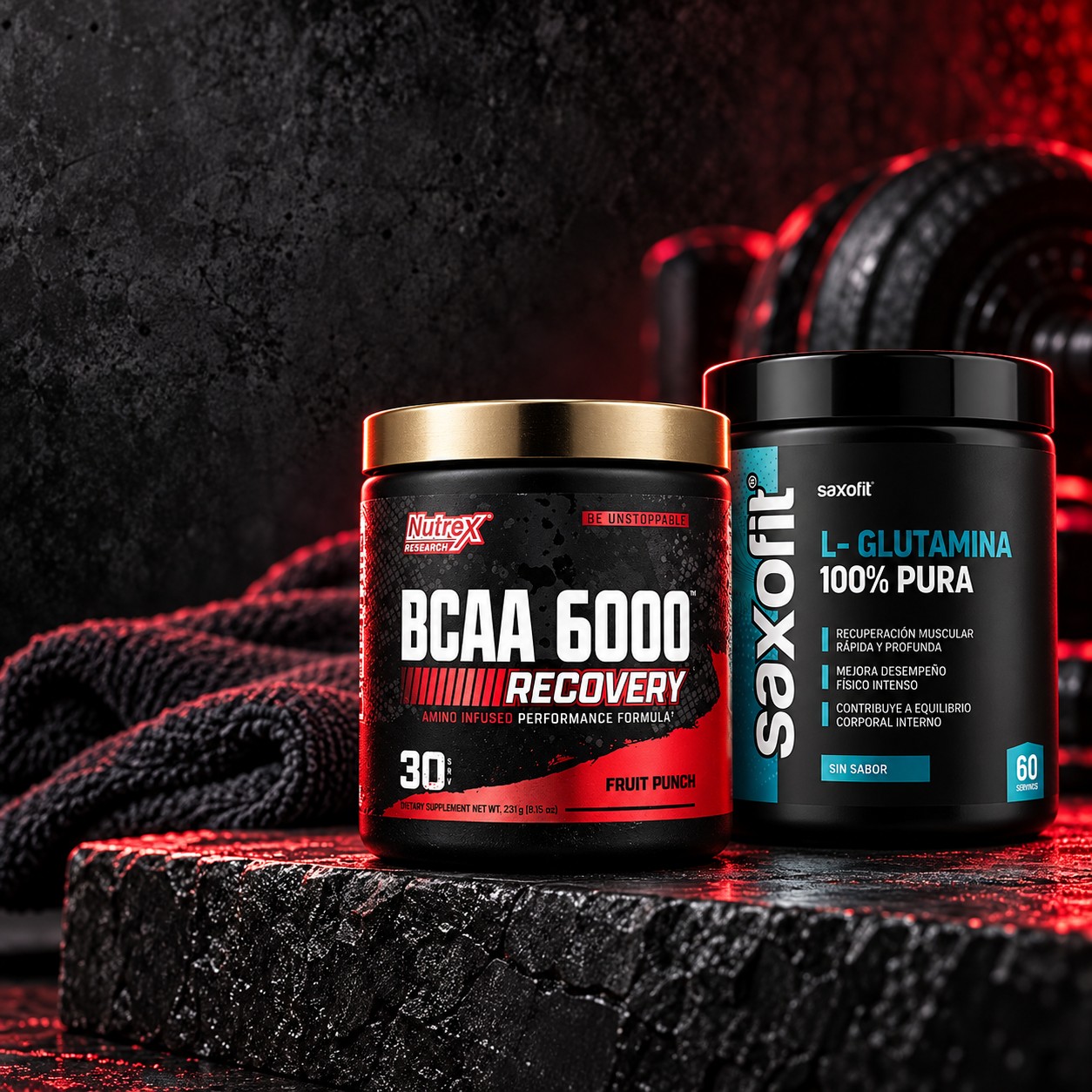 Nutrex BCAA 6000 y glutamina Saxofit