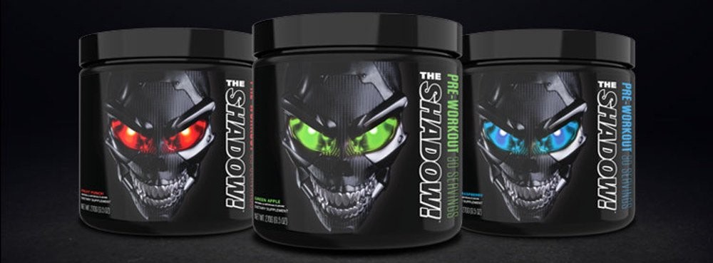 3 different flavors bottle shots of The Shadow Pre-Workout Booster by JNX